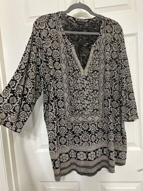 Lucky Brand Black and Taupe Boho Tunic Tribal Print V-Neck Flowy Soft Light 3X